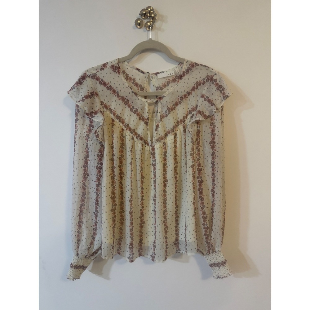 LUQ Women Floral Striped Ruffle Peasant Blouse Cream Burgundy Large